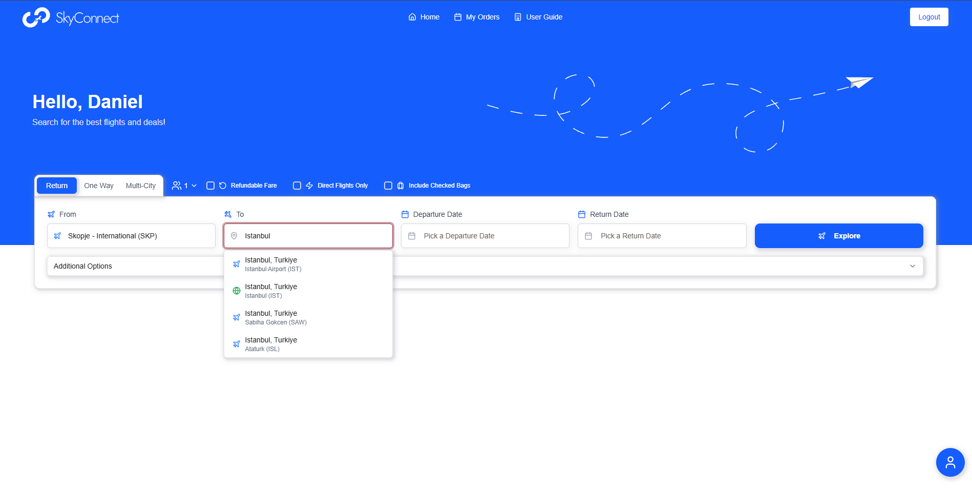 Avionet SkyConnect — пребарување на летови